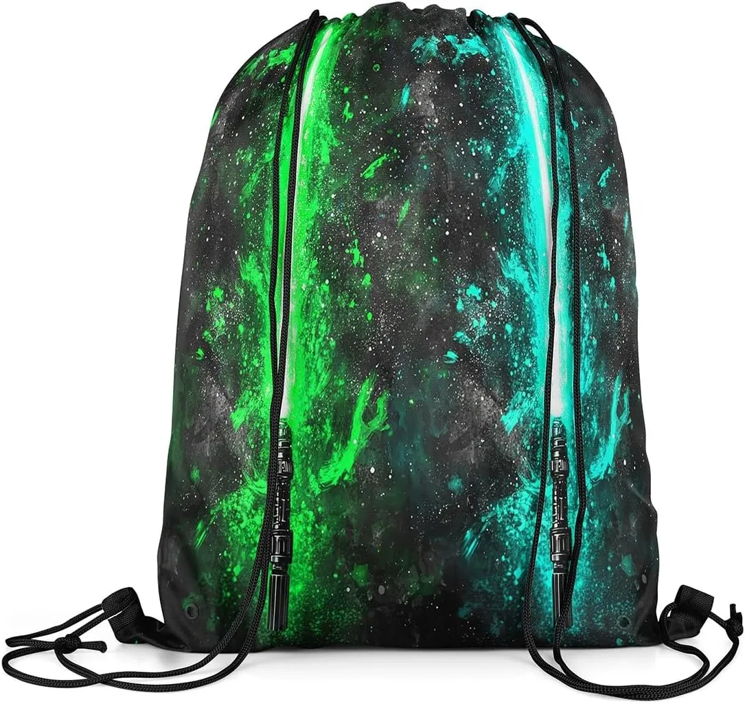 Erosebridal Green Teal Lightsaber Drawstring Backpack 13x15.7, Neon Glowing Lightning Drawstring Bags,Fashion Games Light Sword Draw String Back Bag Starry Sky Galaxy Cinch Bag for Sport Gym Swim