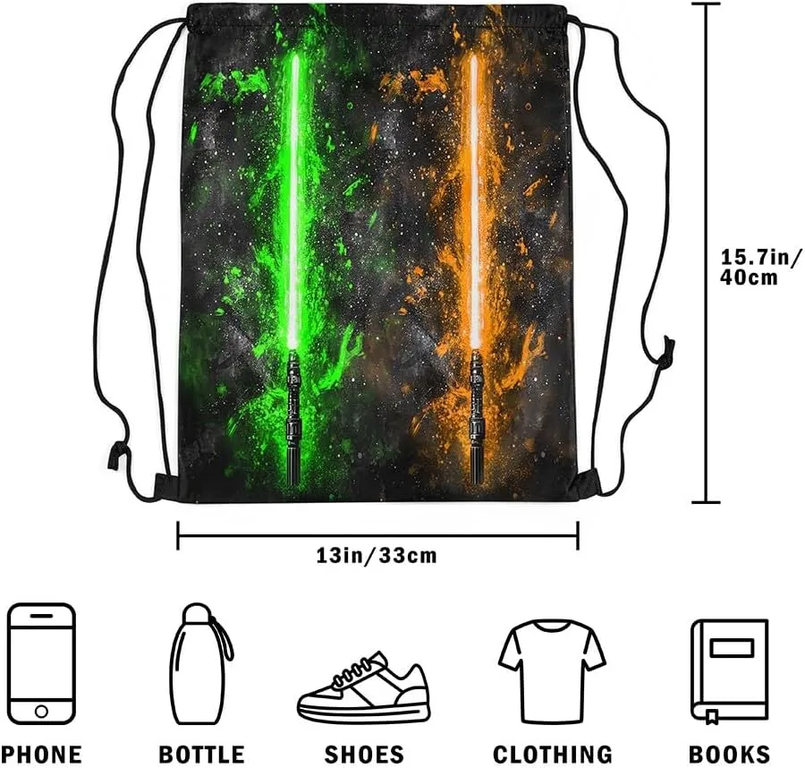 Erosebridal Lightsaber Draw String Back Bag 13x15.7,Neon Green Orange Drawstring Backpack,Galaxy Starry Sky Drawstring Bags Fashion Games Light Sword String Backpack for Shopping Pool Beach