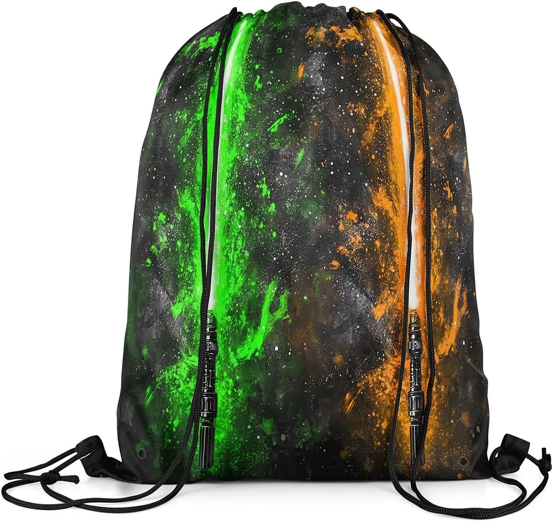 Erosebridal Lightsaber Draw String Back Bag 13x15.7,Neon Green Orange Drawstring Backpack,Galaxy Starry Sky Drawstring Bags Fashion Games Light Sword String Backpack for Shopping Pool Beach