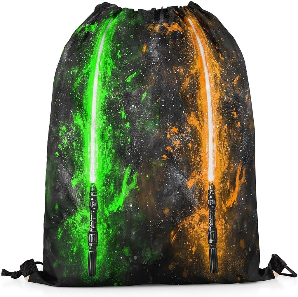Erosebridal Lightsaber Draw String Back Bag 13x15.7,Neon Green Orange Drawstring Backpack,Galaxy Starry Sky Drawstring Bags Fashion Games Light Sword String Backpack for Shopping Pool Beach