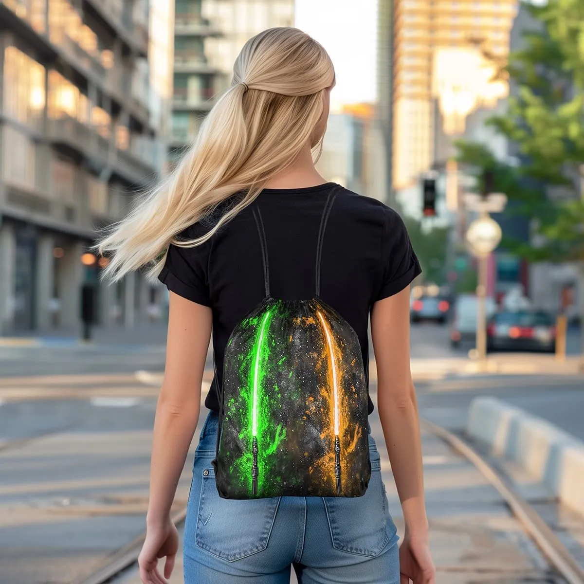 Erosebridal Lightsaber Draw String Back Bag 13x15.7,Neon Green Orange Drawstring Backpack,Galaxy Starry Sky Drawstring Bags Fashion Games Light Sword String Backpack for Shopping Pool Beach