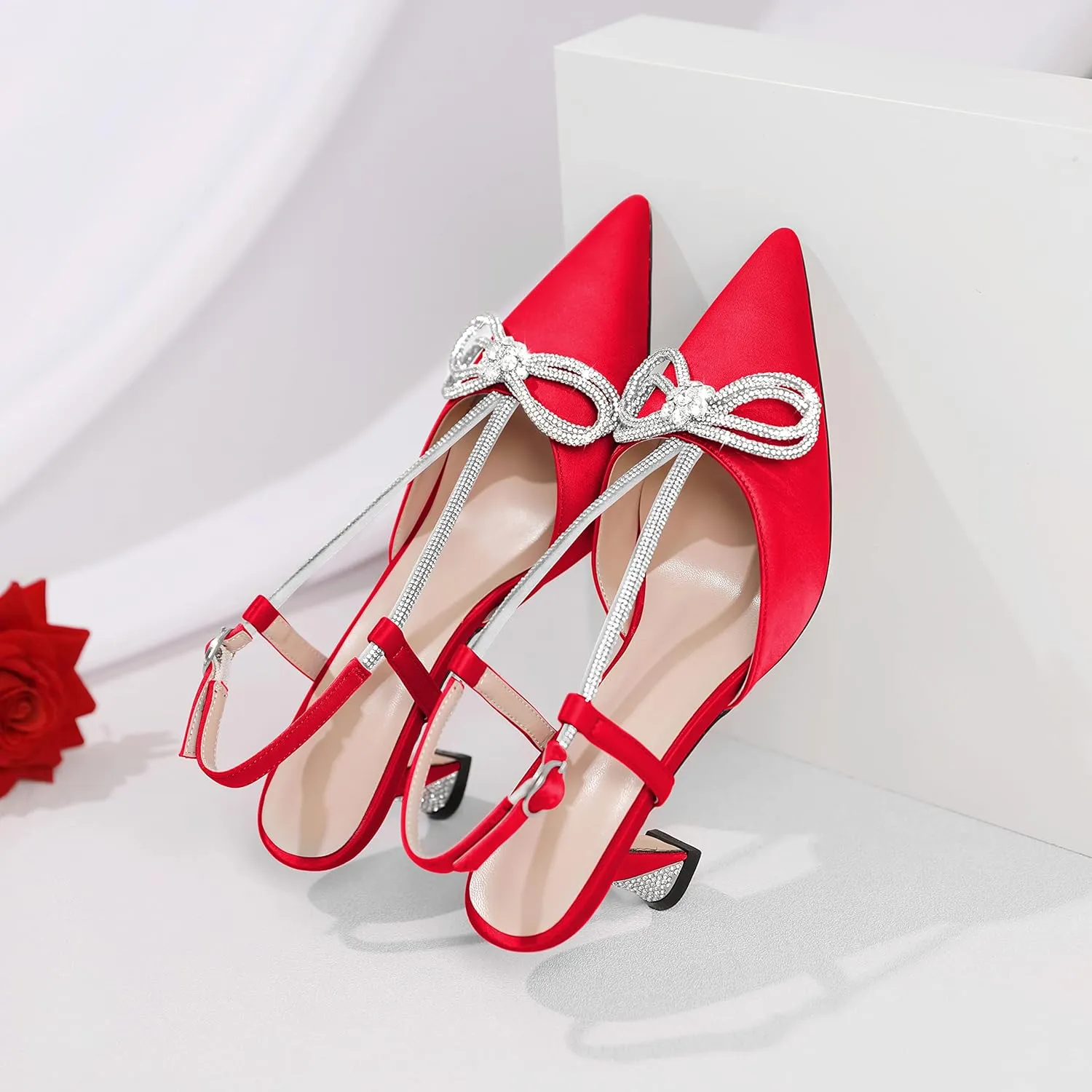 Esvowido Women's Rhinestone Bow Heels Pointed Toe Kitten Low Heel Pumps Satin Shoes Adjustable Ankle Strap Slingback Heeled Wedding Bridal Evening Dress Shoes