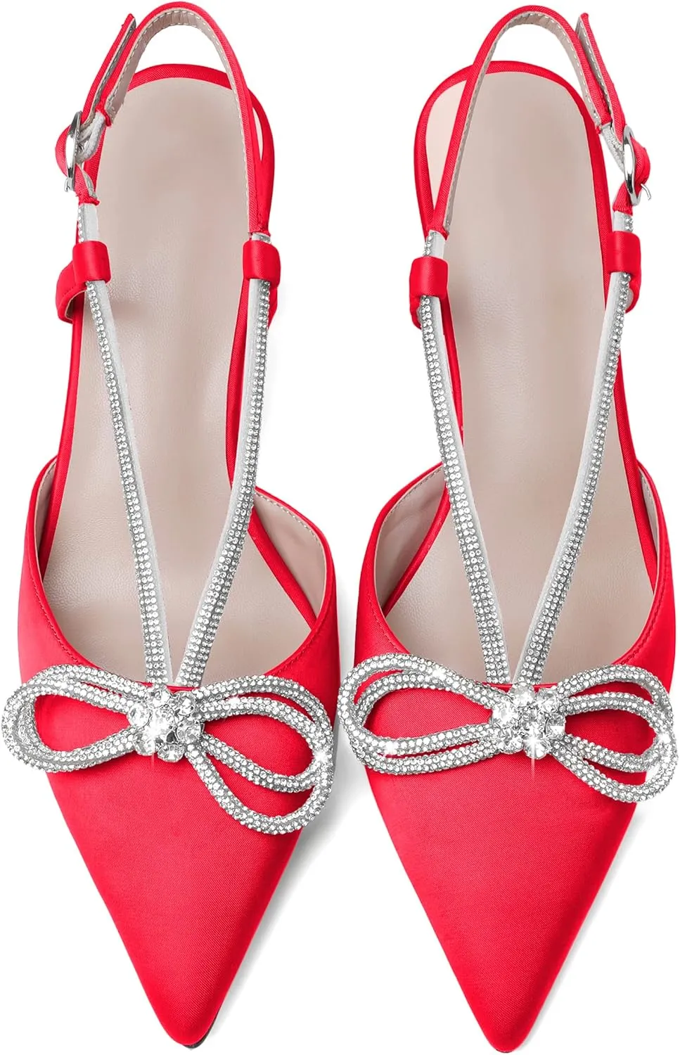 Esvowido Women's Rhinestone Bow Heels Pointed Toe Kitten Low Heel Pumps Satin Shoes Adjustable Ankle Strap Slingback Heeled Wedding Bridal Evening Dress Shoes