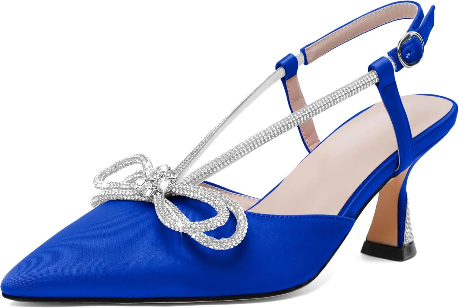 Esvowido Women's Rhinestone Bow Heels Pointed Toe Kitten Low Heel Pumps Satin Shoes Adjustable Ankle Strap Slingback Heeled Wedding Bridal Evening Dress Shoes