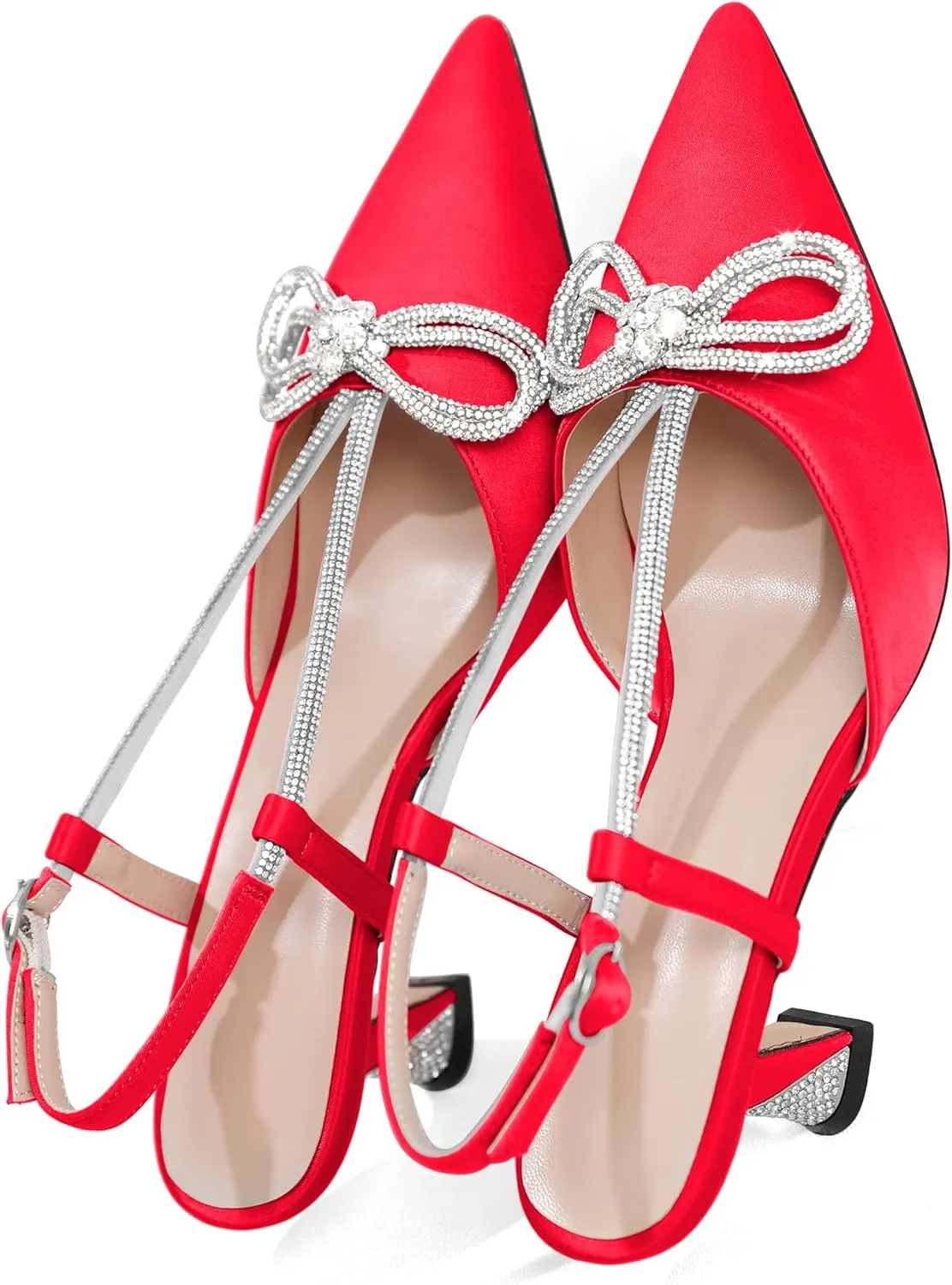 Esvowido Women's Rhinestone Bow Heels Pointed Toe Kitten Low Heel Pumps Satin Shoes Adjustable Ankle Strap Slingback Heeled Wedding Bridal Evening Dress Shoes