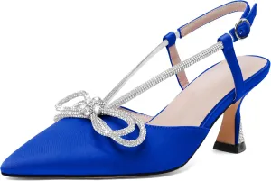 Esvowido Women's Rhinestone Bow Heels Pointed Toe Kitten Low Heel Pumps Satin Shoes Adjustable Ankle Strap Slingback Heeled Wedding Bridal Evening Dress Shoes