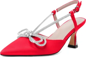 Esvowido Women's Rhinestone Bow Heels Pointed Toe Kitten Low Heel Pumps Satin Shoes Adjustable Ankle Strap Slingback Heeled Wedding Bridal Evening Dress Shoes