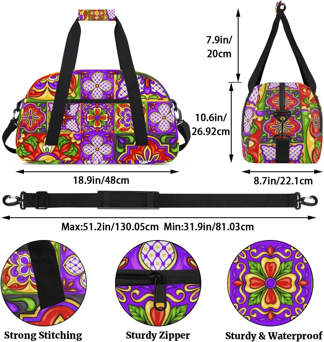 Ethnic Ceramic Mandala Boys Girls Gym Bag Dance Perform Training Duffel Bags Weekender Carry-On Tote Luggage Bag Ideal for School Practice or Overnight Trips