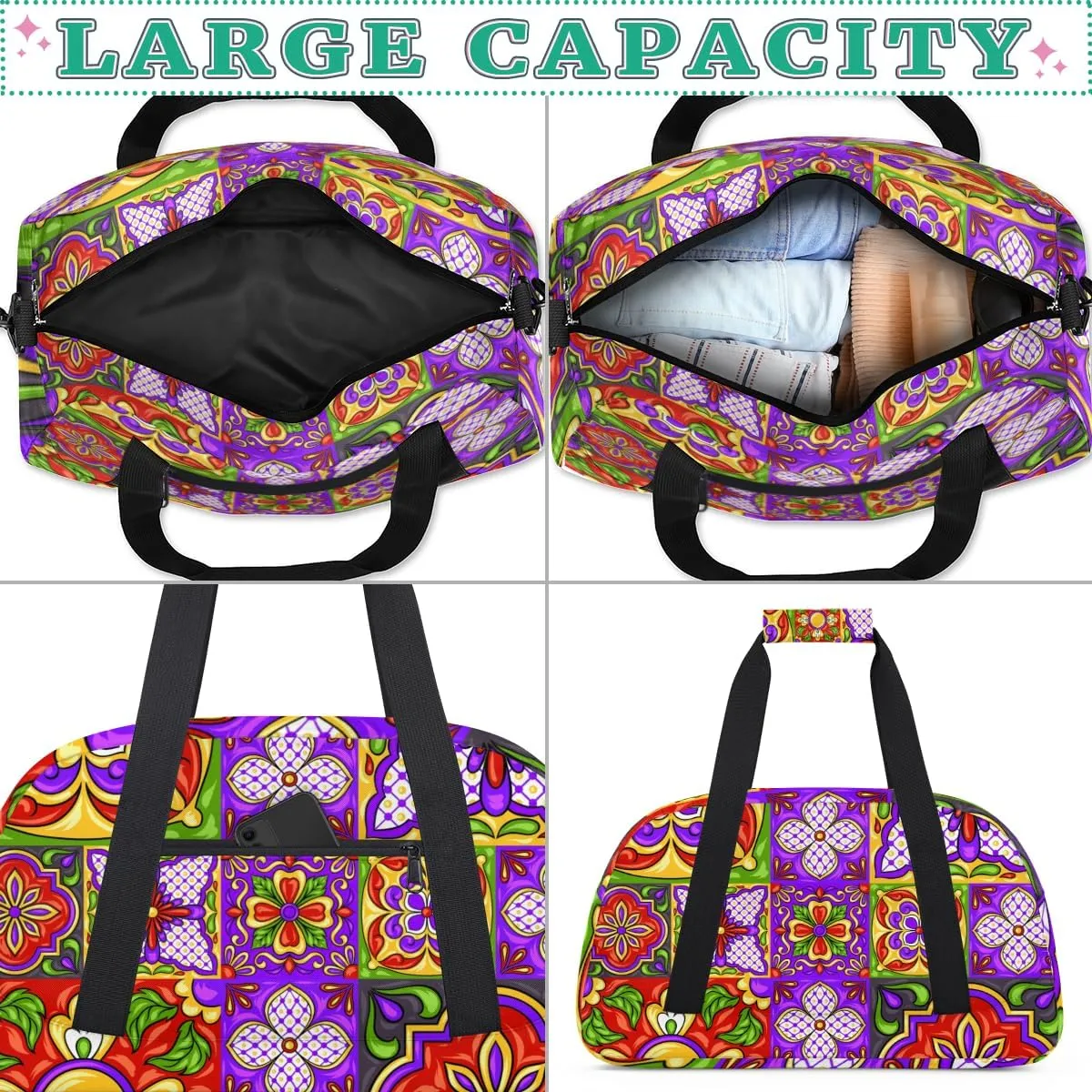 Ethnic Ceramic Mandala Boys Girls Gym Bag Dance Perform Training Duffel Bags Weekender Carry-On Tote Luggage Bag Ideal for School Practice or Overnight Trips