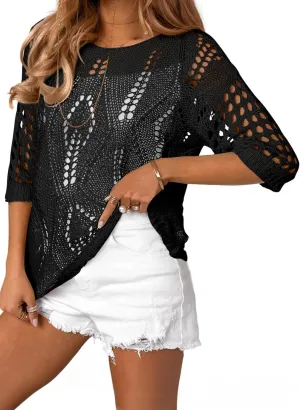 EVALESS Womens Crochet Hollow Out Knit Tops Half Sleeve Spring Summer Sweaters Beach Cover Ups for Women Trendy 2025