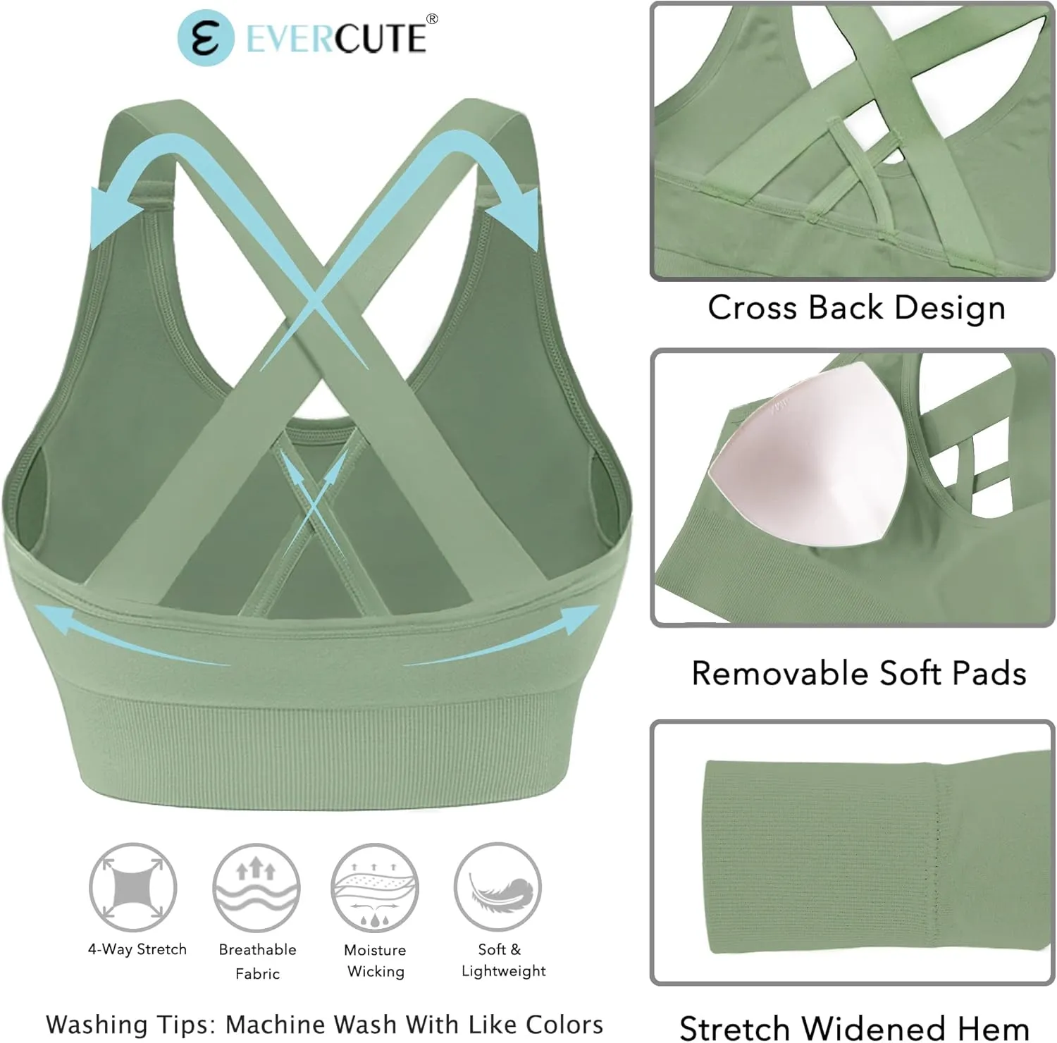 Evercute Sports Bra for Women Padded Medium Support Criss Cross Strappy Bras Seamless High Impact Yoga Exercise Athletic Bras