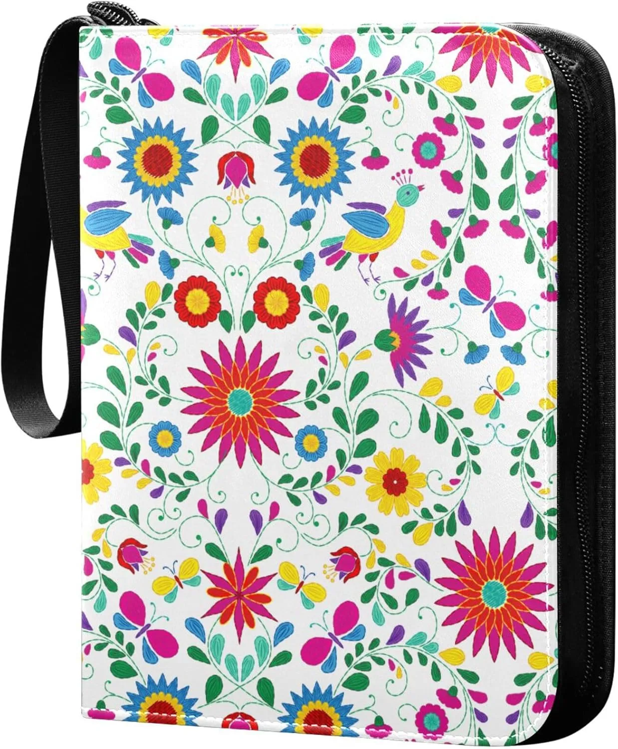 Exnundod 4 Pocket Trading Card Binder Ethnic Flowers Pattern PU Leather Card Collection Binder Colorful Embroidery 400 Cards Organizer Binder Collectible Trading Card Albums for Sports Game Card