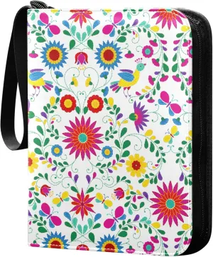 Exnundod 4 Pocket Trading Card Binder Ethnic Flowers Pattern PU Leather Card Collection Binder Colorful Embroidery 400 Cards Organizer Binder Collectible Trading Card Albums for Sports Game Card