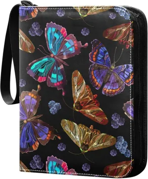 Exnundod Embroidery Butterflies Berries Trading Card Binder for Cards, Garden Colorful Card Album 4-Pockets for 400 Cards with Removable Sleeves PU Baseball Card Holder Football Sports Card Collectio