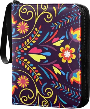 Exnundod Mexican Embroidery Floral Trading Card Binder for Cards, Colorful Vintage Flower Card Album 4-Pockets for 400 Cards with Removable Sleeves PU Baseball Card Holder Football Sports Card Collec
