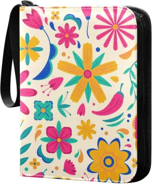 Exnundod Mexican Embroidery Flower Trading Card Binder for Cards, Ethnic Colorful Floral Card Album 4-Pockets for 400 Cards with Removable Sleeves PU Baseball Card Holder Football Sports Card Collect
