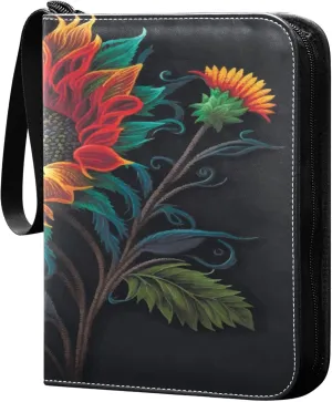 Exnundod Sunflower Embroidery Floral Trading Card Binder for Cards, Colorful Leaves Branch Card Album 4-Pockets for 400 Cards with Removable Sleeves PU Baseball Card Holder Football Sports Card Colle