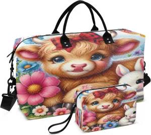 Exnundod Women Weekender Bags Cute Highland Cow Red Bow Gym Bags Carry On Overnight Duffle Butterfly Rabbit Large Duffle Tote Hospital Bag for Business Trip, Yoga