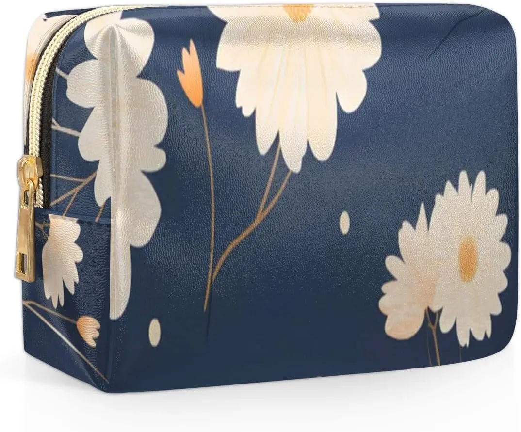 Exquisite Drawing Flower Print Travel Makeup Bag for Women, PU Leather Waterproof Checkered Cosmetic Bags Large Make up Bag Zipper Pouch