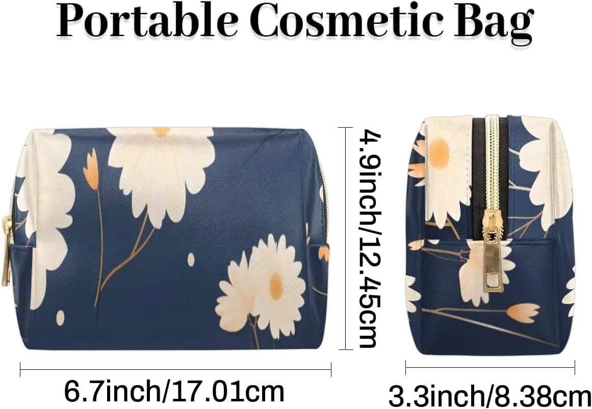 Exquisite Drawing Flower Print Travel Makeup Bag for Women, PU Leather Waterproof Checkered Cosmetic Bags Large Make up Bag Zipper Pouch