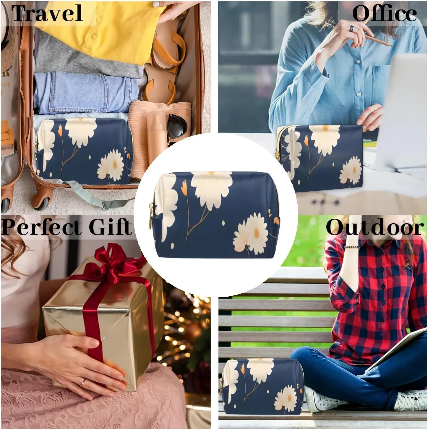 Exquisite Drawing Flower Print Travel Makeup Bag for Women, PU Leather Waterproof Checkered Cosmetic Bags Large Make up Bag Zipper Pouch
