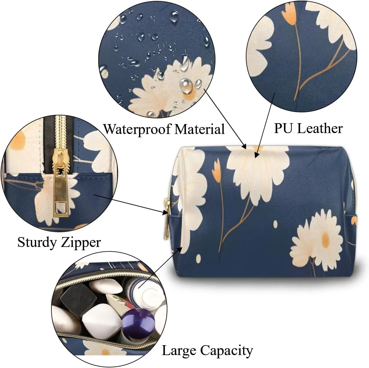 Exquisite Drawing Flower Print Travel Makeup Bag for Women, PU Leather Waterproof Checkered Cosmetic Bags Large Make up Bag Zipper Pouch