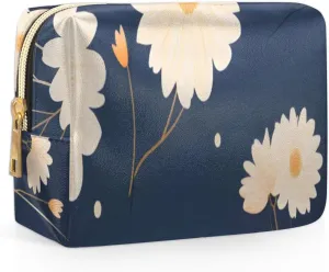 Exquisite Drawing Flower Print Travel Makeup Bag for Women, PU Leather Waterproof Checkered Cosmetic Bags Large Make up Bag Zipper Pouch