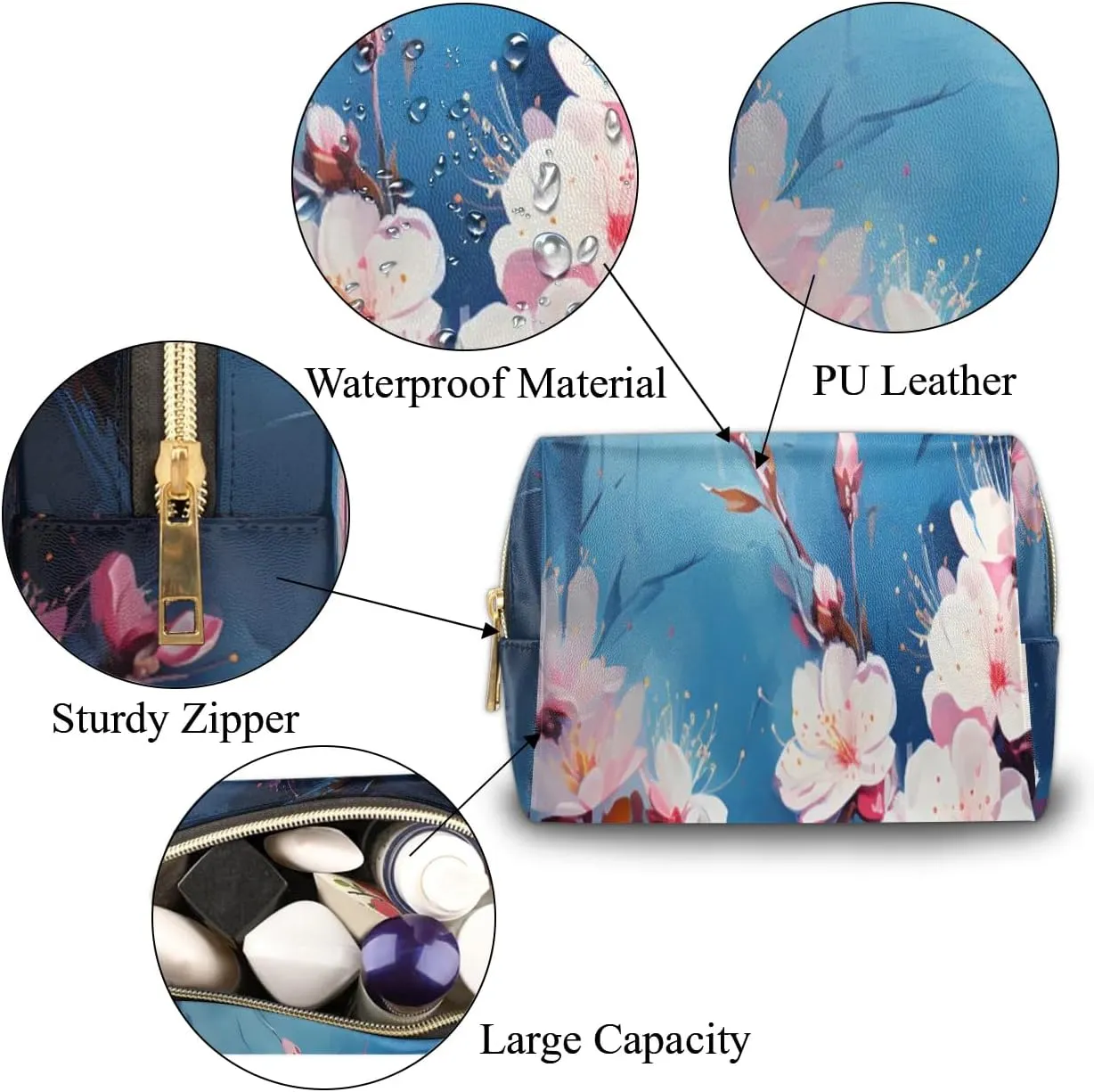 Exquisite Radiant Printing Flower Travel Makeup Bag for Women, PU Leather Waterproof Checkered Cosmetic Bags Large Make up Bag Zipper Pouch