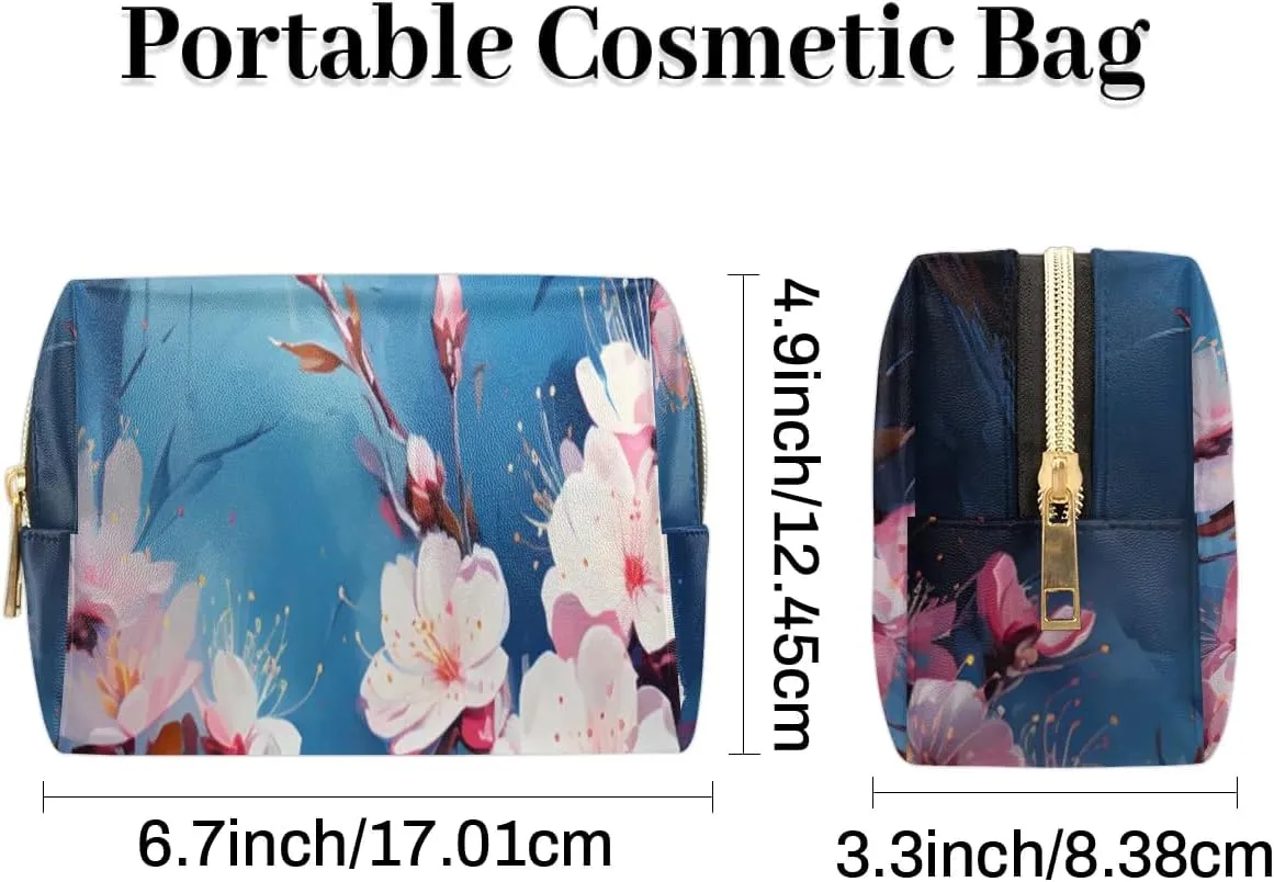 Exquisite Radiant Printing Flower Travel Makeup Bag for Women, PU Leather Waterproof Checkered Cosmetic Bags Large Make up Bag Zipper Pouch