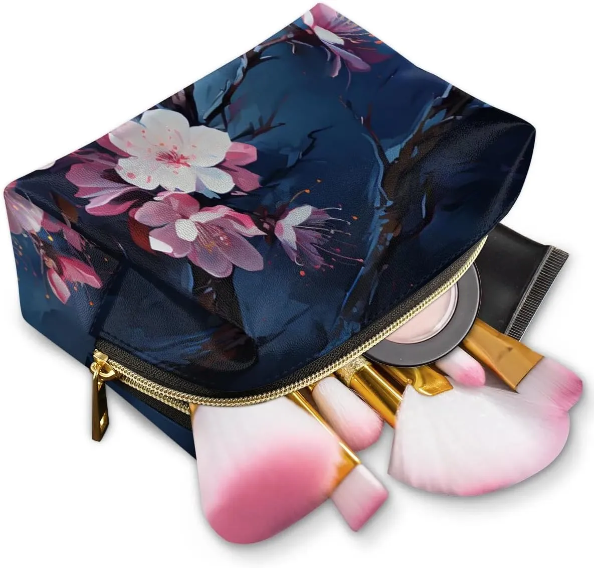 Exquisite Radiant Printing Flower Travel Makeup Bag for Women, PU Leather Waterproof Checkered Cosmetic Bags Large Make up Bag Zipper Pouch