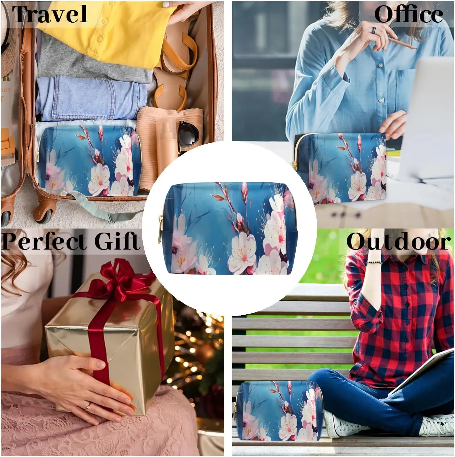 Exquisite Radiant Printing Flower Travel Makeup Bag for Women, PU Leather Waterproof Checkered Cosmetic Bags Large Make up Bag Zipper Pouch