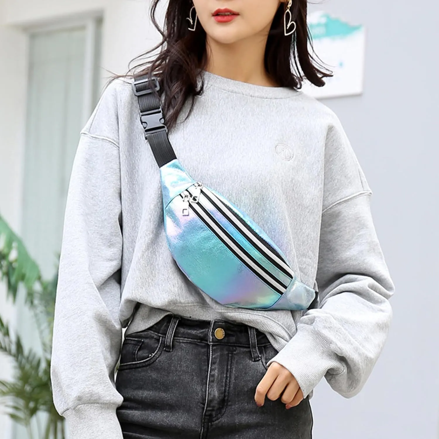 eYLun Women Holographic Fanny Pack Waist Bag Crossbody Bag Shiny Waist Pack Waterproof Bumbag Running and Traveling Purple