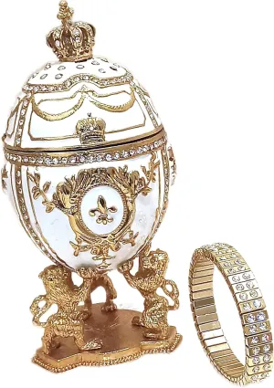 Faberge Egg Jewelry box style 24k GOLD Russian Egg 5ct HANDMADE Jewelled Lions Coronation 200 Handset Crystal Diamonds 6.5" Faberge Trinket Box Fabergé egg matching Diamond bracelet 2ct