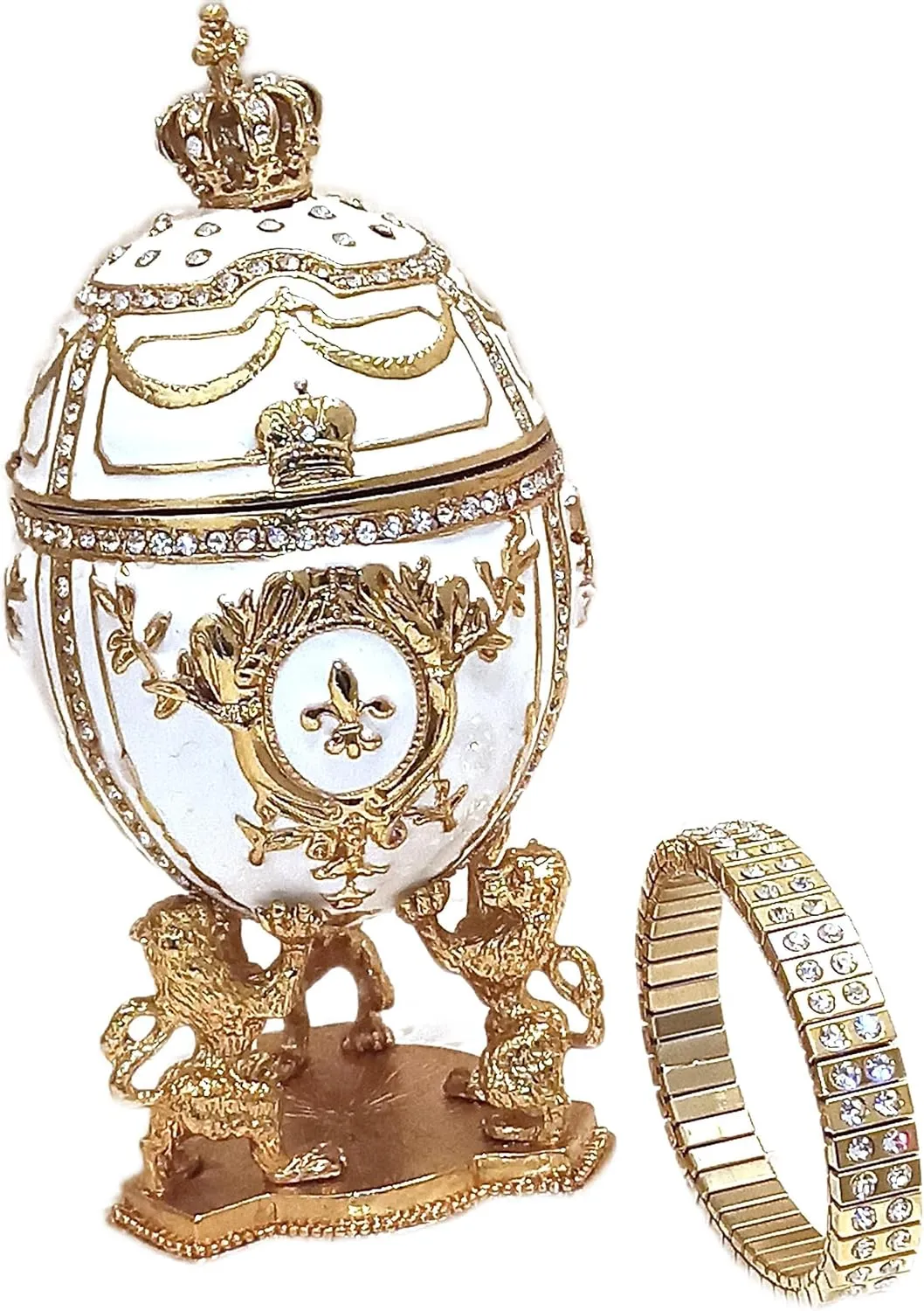 Faberge Egg Jewelry box style 24k GOLD Russian Egg 5ct HANDMADE Jewelled Lions Coronation 200 Handset Crystal Diamonds 6.5" Faberge Trinket Box Fabergé egg matching Diamond bracelet 2ct