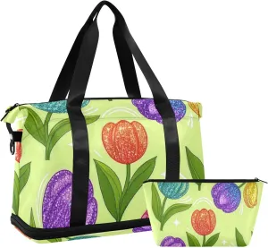 Fake Glitter Cartoon Flower Green flower Duffel Bag Travel Weekender Gear Bag with Adjustable Strap for Gym 2 Pcs Set