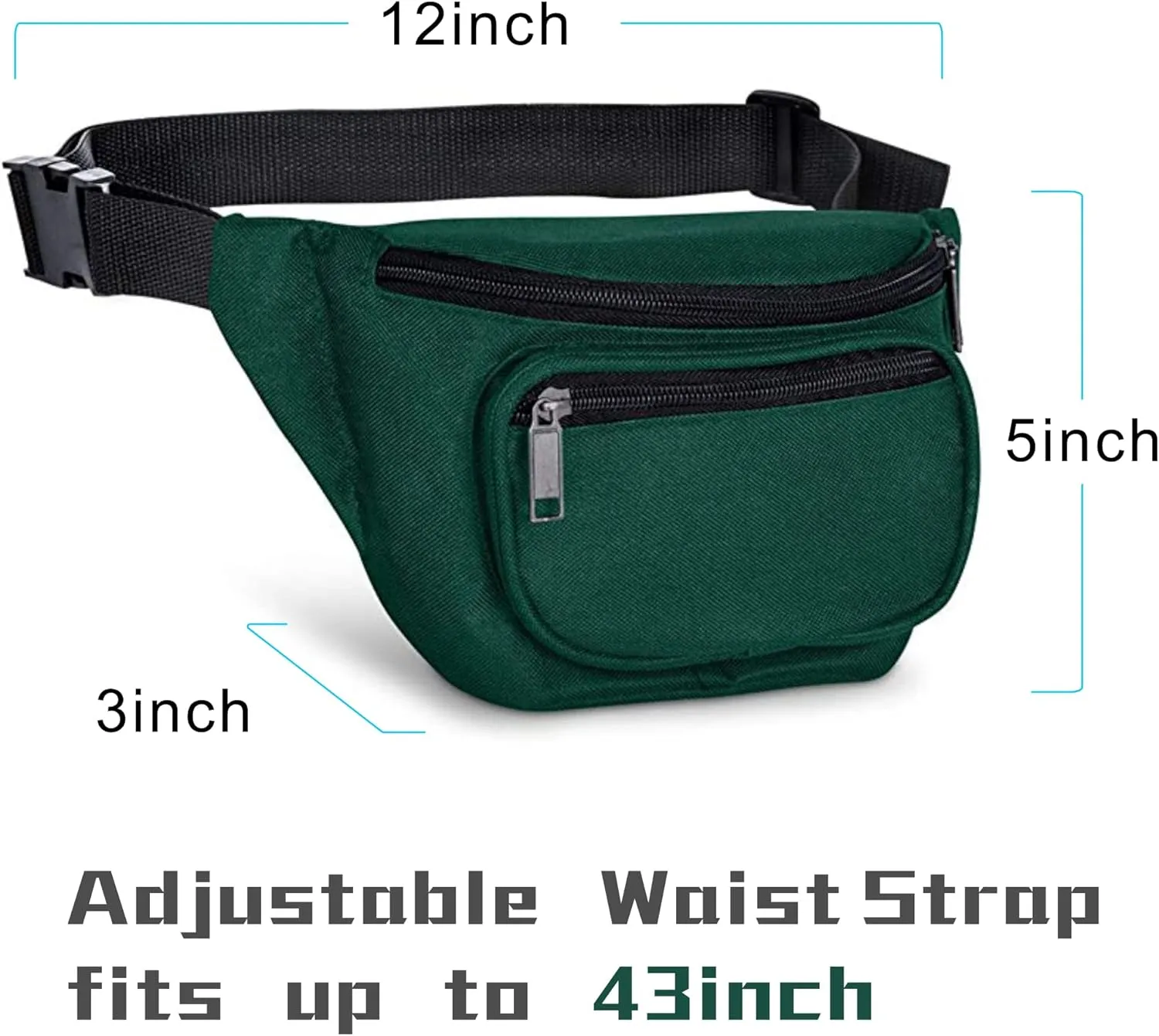 Fanny Pack, MISSMOON 3-Zipper Compartments Adjustable Waist Festival Workout Running Hiking Traveling Walking Sport Fishing Casual Hand-Free Wallets Crossbody Waist Pack Bag For Men Women HUNTER GREEN