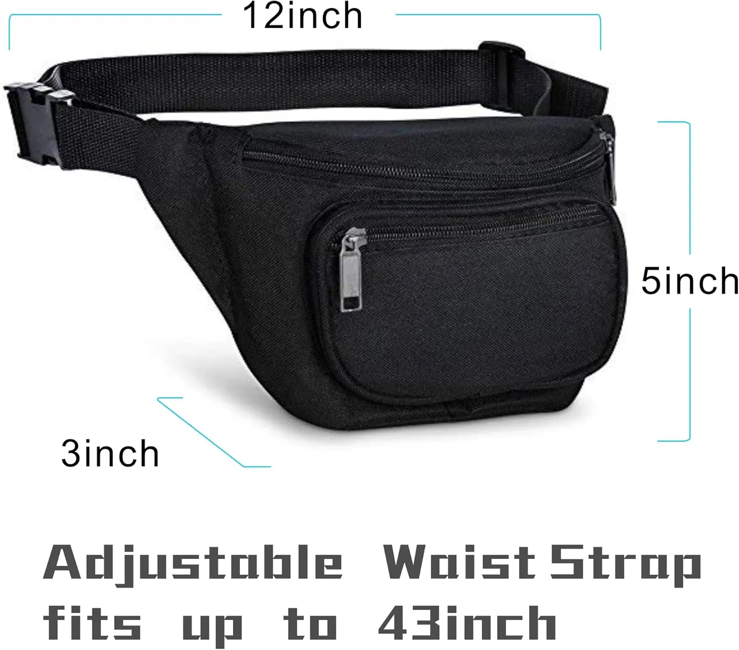 Fanny Pack, MISSMOON 3-Zipper Compartments Adjustable Waist Festival Workout Running Hiking Traveling Walking Sport Fishing Casual Hands-Free Wallets Crossbody Waist Pack Bag For Men Women BLACK