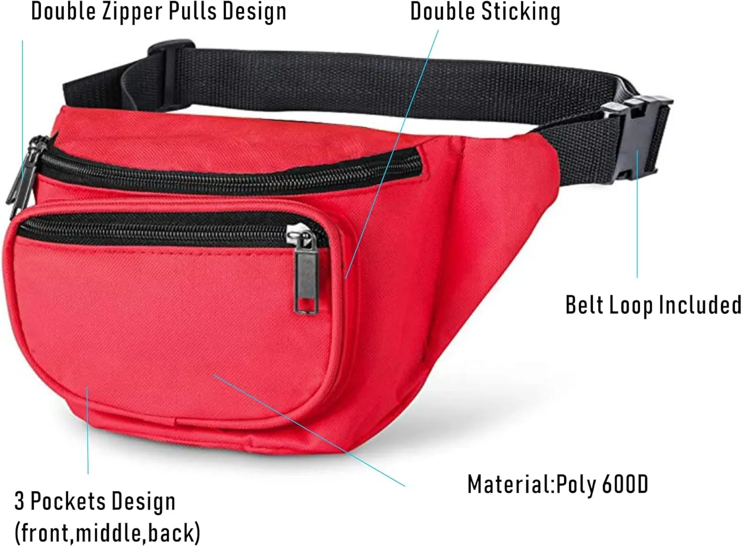 Fanny Pack, MISSMOON 3-Zipper Compartments Adjustable Waist Festival Workout Running Hiking Traveling Walking Sport Fishing Casual Hands-Free Wallets Crossbody Waist Pack Bag For Men Women RED