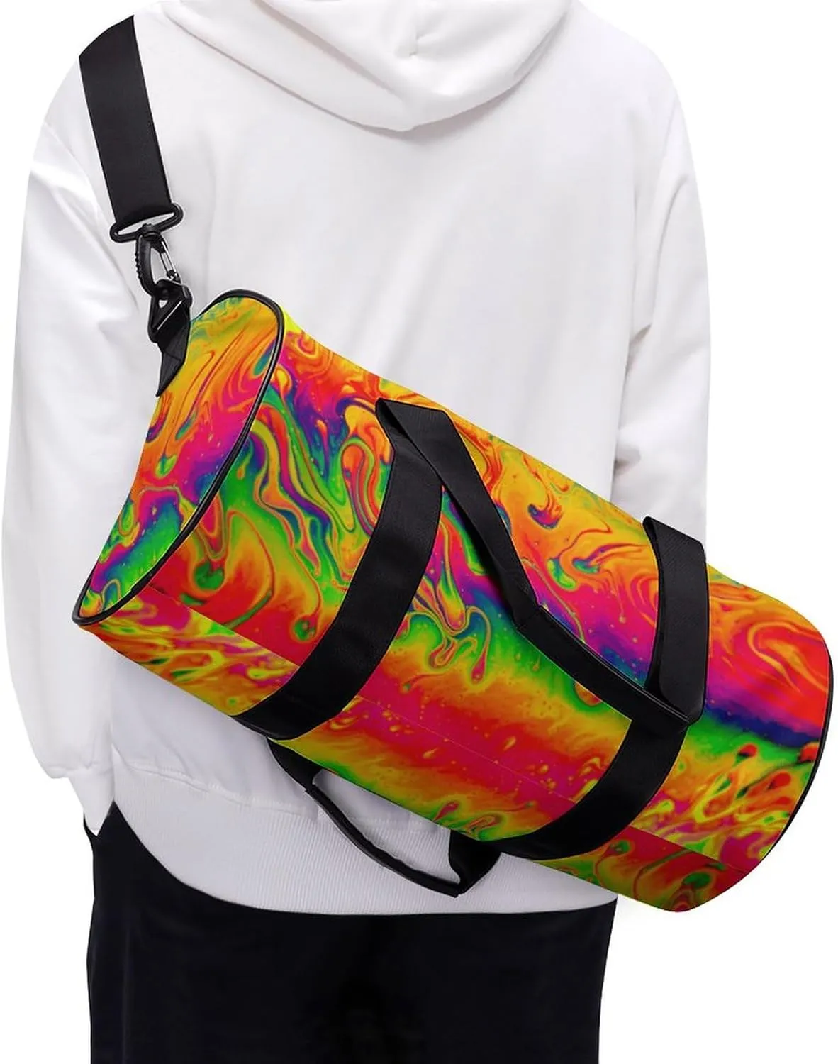 Fantasy Color Neon Pattern Large Capacity Cylindrical Fitness Bag, Hand-held Fitness Bag