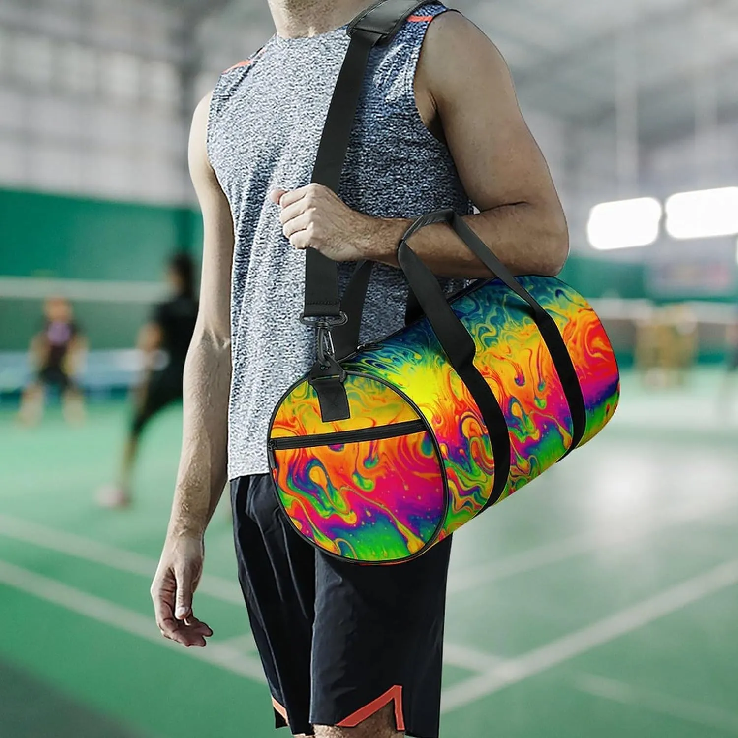 Fantasy Color Neon Pattern Large Capacity Cylindrical Fitness Bag, Hand-held Fitness Bag