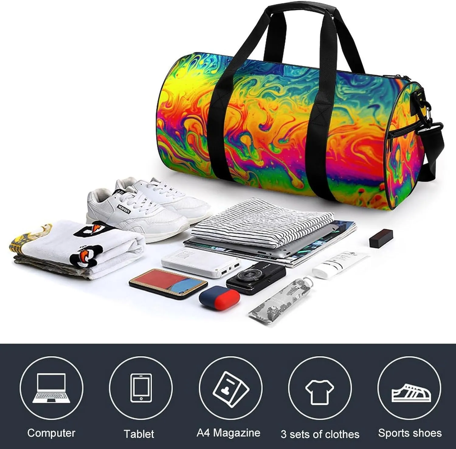 Fantasy Color Neon Pattern Large Capacity Cylindrical Fitness Bag, Hand-held Fitness Bag