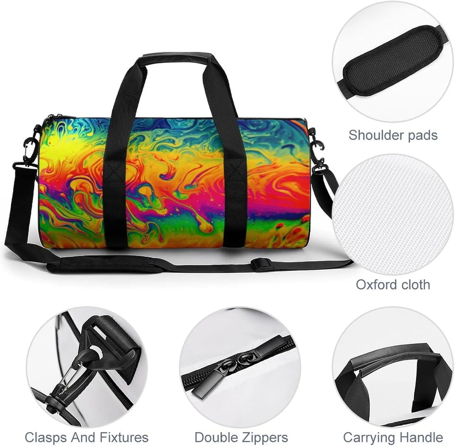 Fantasy Color Neon Pattern Large Capacity Cylindrical Fitness Bag, Hand-held Fitness Bag