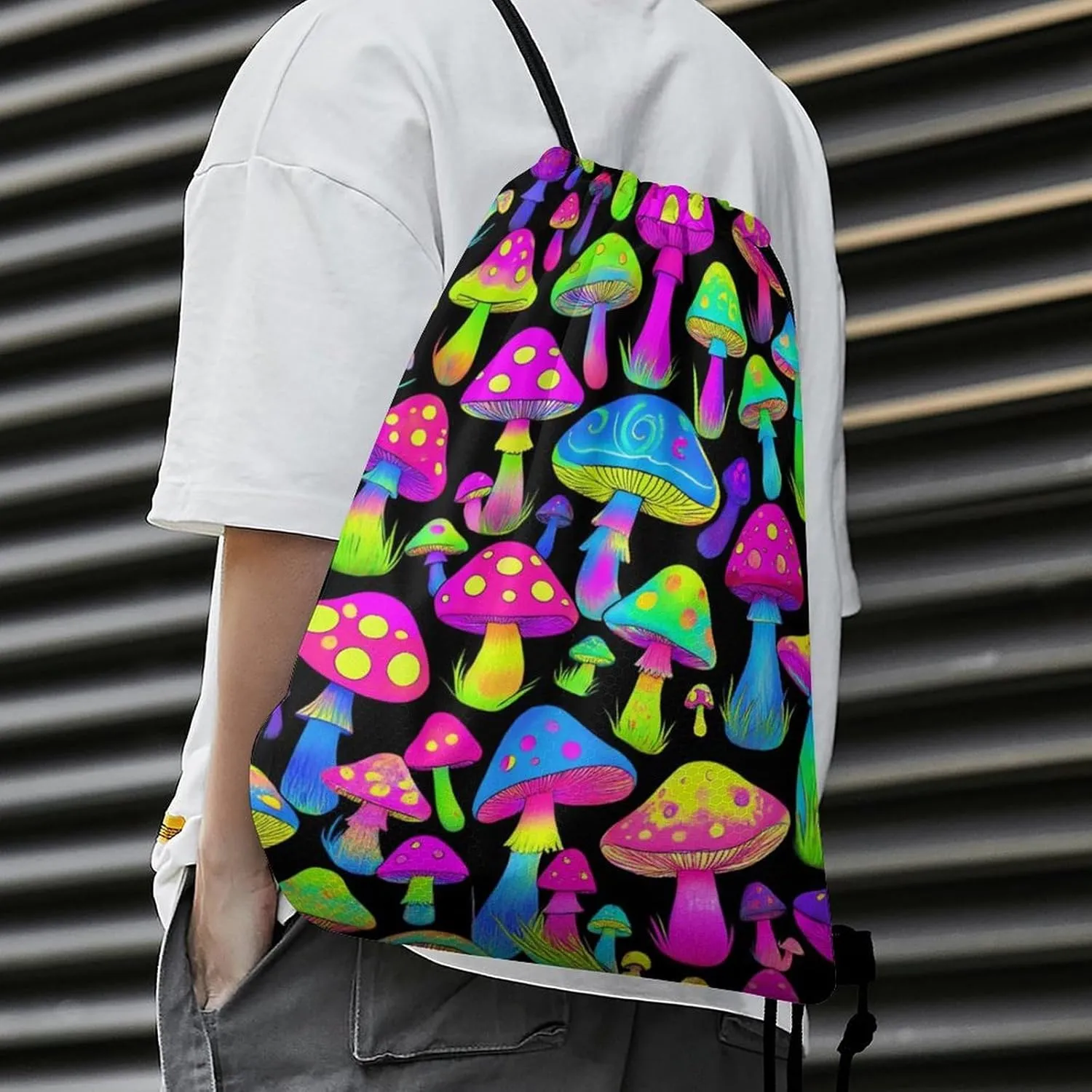 Fashion Adults Drawstring Bag, Neon Mushrooms Pattern Purple Lightweight Backpack with Sturdy Cord Shoulder Strap, Large Capacity Shoulder Bags for Picnics