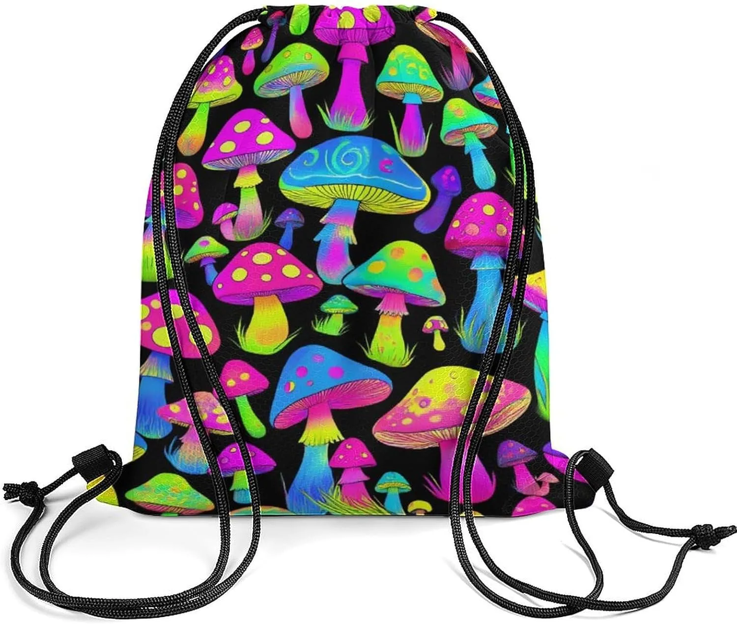 Fashion Adults Drawstring Bag, Neon Mushrooms Pattern Purple Lightweight Backpack with Sturdy Cord Shoulder Strap, Large Capacity Shoulder Bags for Picnics