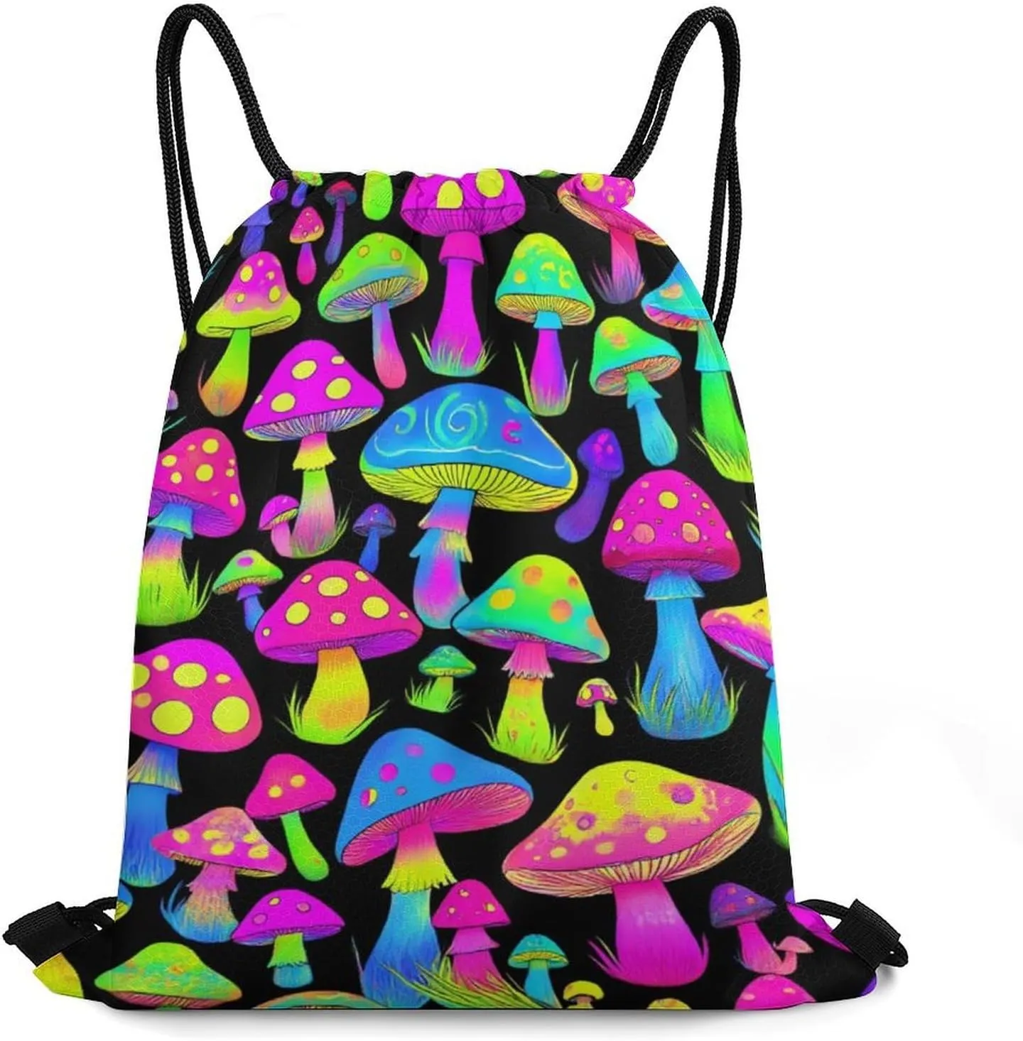 Fashion Adults Drawstring Bag, Neon Mushrooms Pattern Purple Lightweight Backpack with Sturdy Cord Shoulder Strap, Large Capacity Shoulder Bags for Picnics