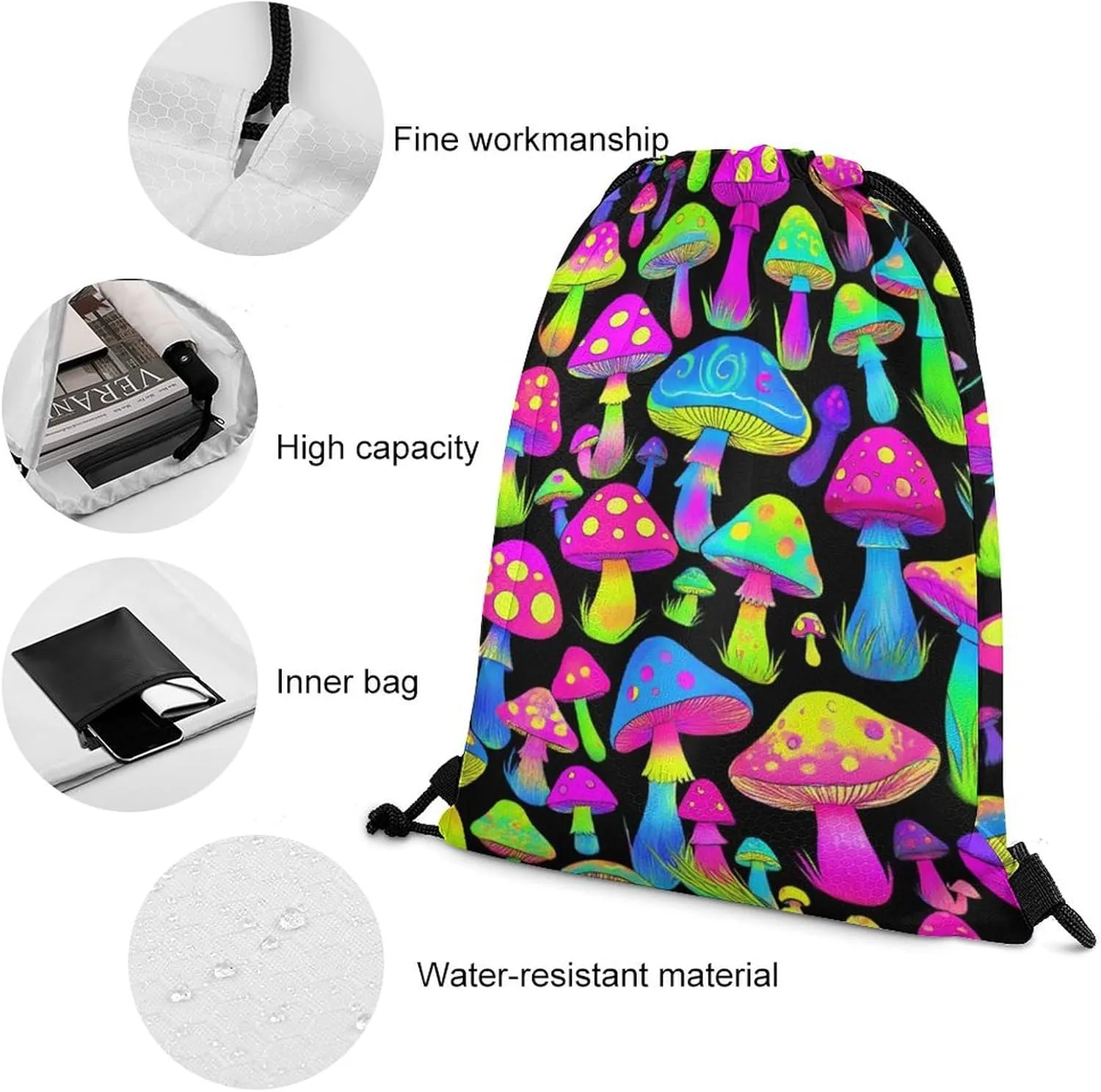 Fashion Adults Drawstring Bag, Neon Mushrooms Pattern Purple Lightweight Backpack with Sturdy Cord Shoulder Strap, Large Capacity Shoulder Bags for Picnics