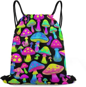 Fashion Adults Drawstring Bag, Neon Mushrooms Pattern Purple Lightweight Backpack with Sturdy Cord Shoulder Strap, Large Capacity Shoulder Bags for Picnics