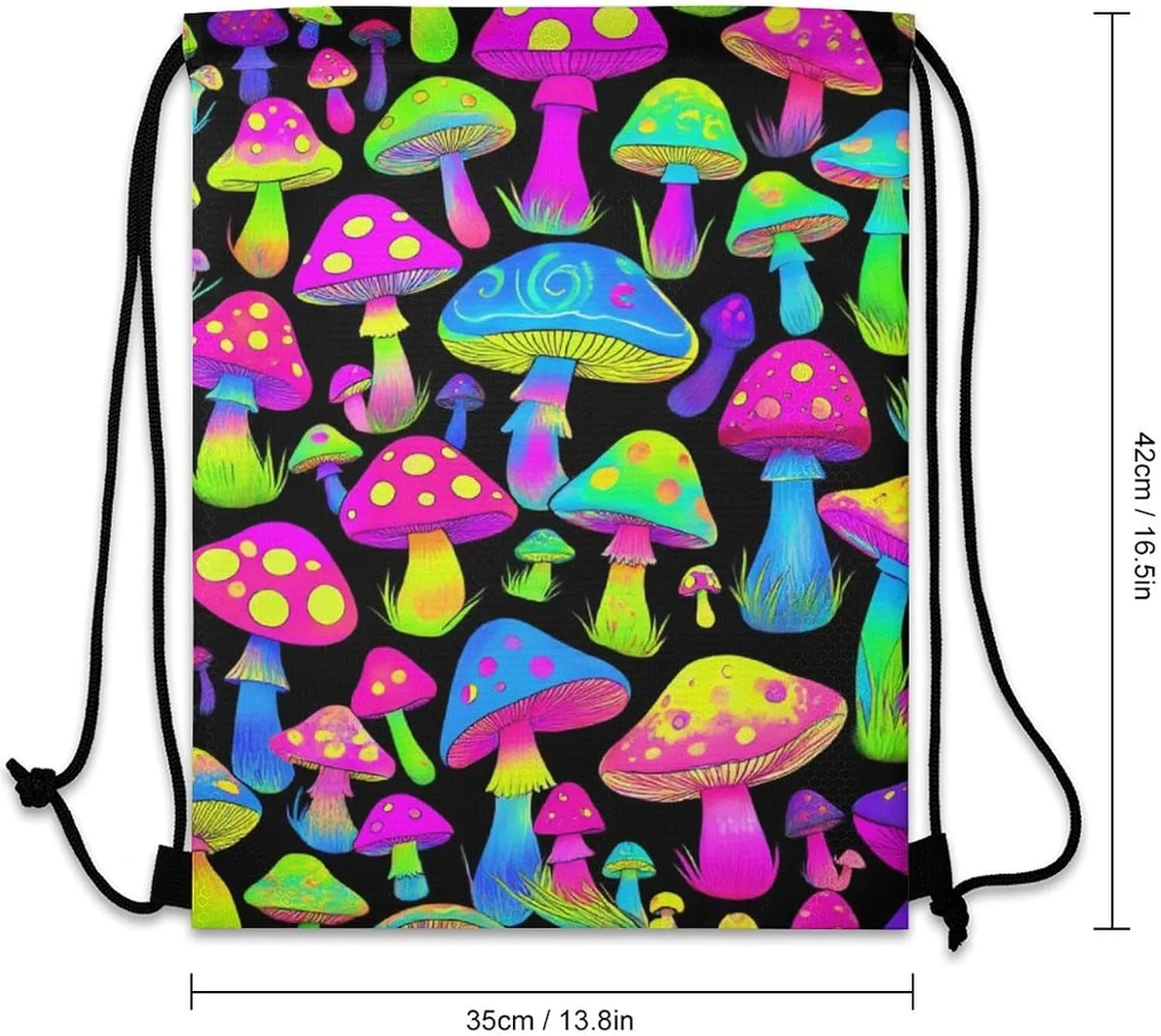 Fashion Adults Drawstring Bag, Neon Mushrooms Pattern Purple Lightweight Backpack with Sturdy Cord Shoulder Strap, Large Capacity Shoulder Bags for Picnics
