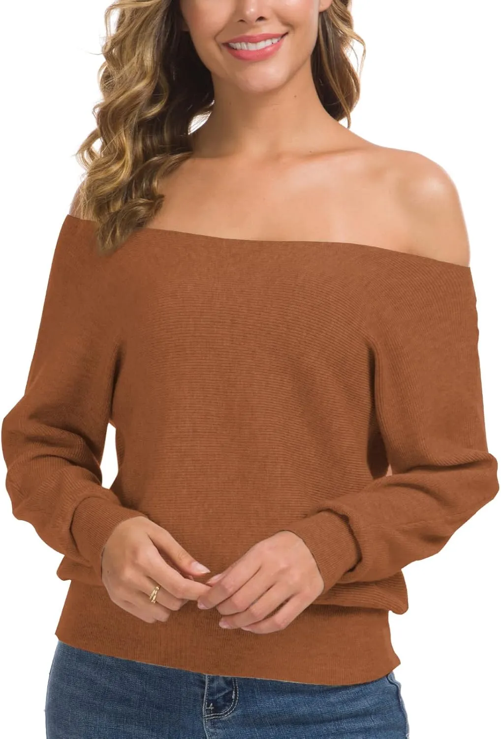 Feiersi Women's Off Shoulder Sweater Long Sleeve Loose Pullover Knit Jumper