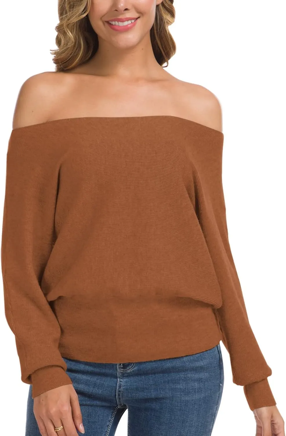 Feiersi Women's Off Shoulder Sweater Long Sleeve Loose Pullover Knit Jumper